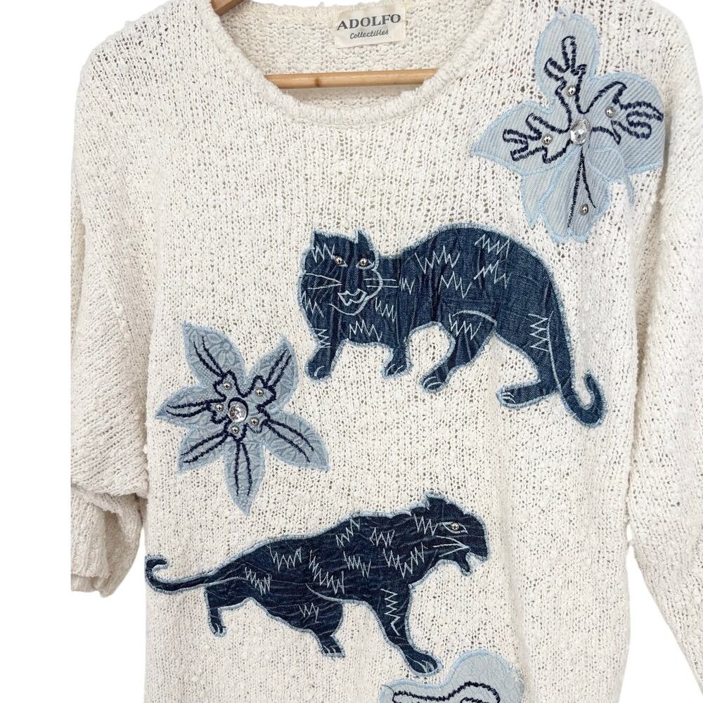 Adolfo Vintage Cream Knit Wild Cat Sweater Size M